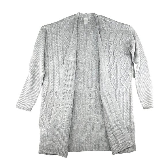Chico's Cable Stitch Open Front Cardigan Sweater Gray Wool Cashmere Size 1 US M - Picture 3 of 16